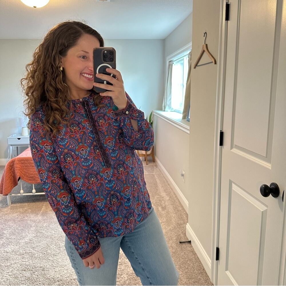 LOFT The Softened Shirt Blue Red Block Print Long Sleeve Blouse Top Small - Picture 3 of 13